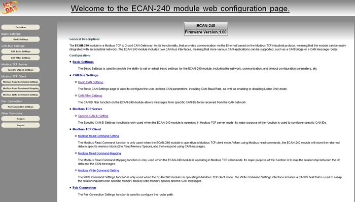 ECAN240 web screen